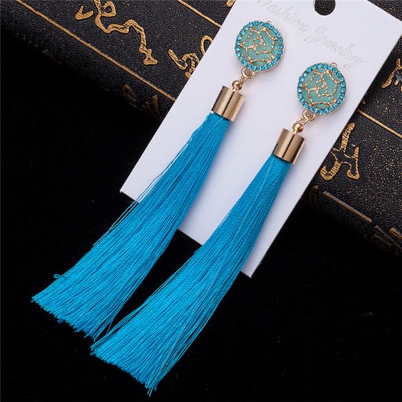 Blue Bohemian Tassel Earrings - Picture 4 of 4